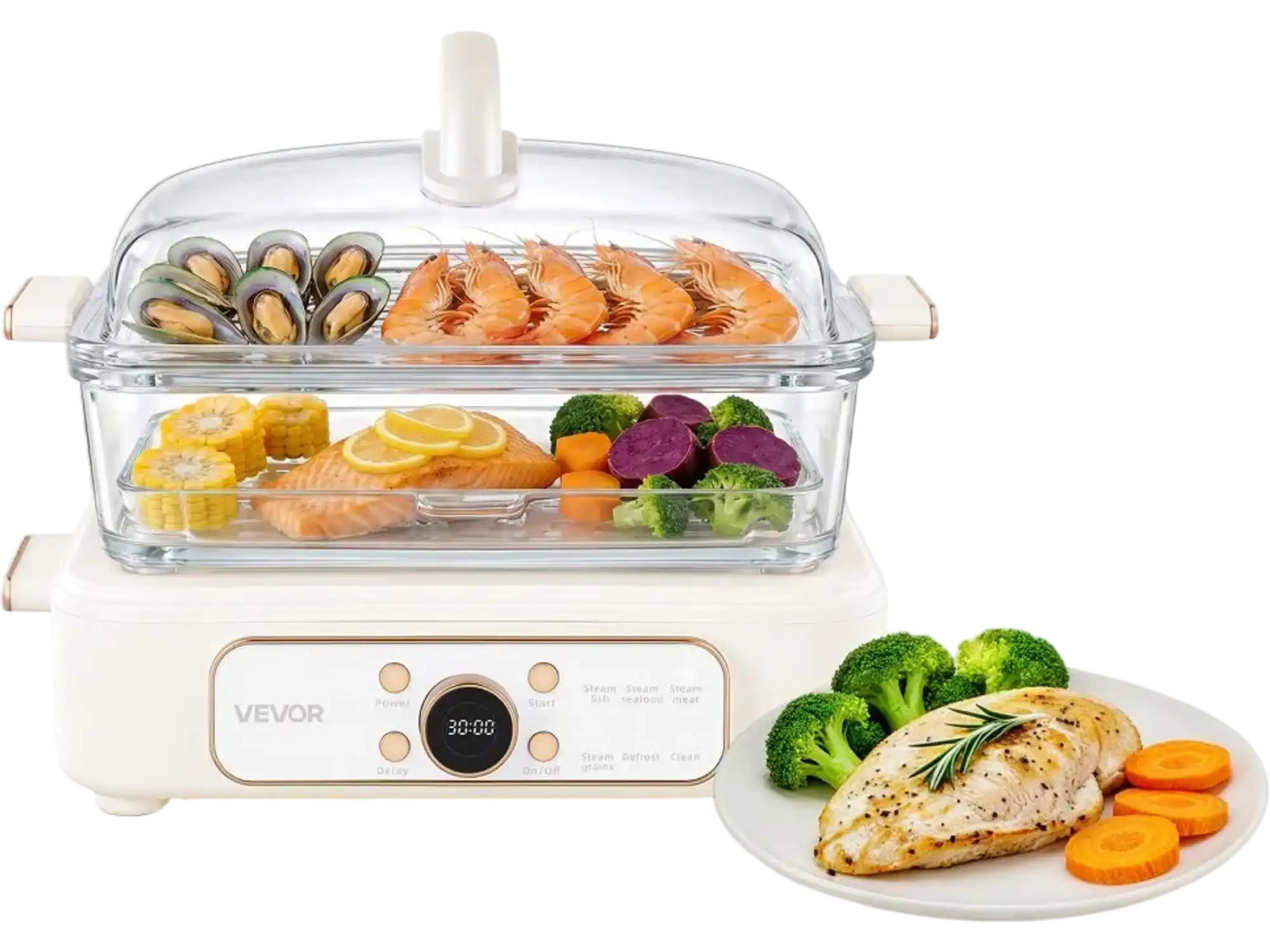 Vevor Electric Food Steamer 6.3 QT Glass 2-Tier Stainless Steel Trays 1200W White New