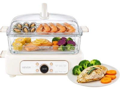 Vevor Electric Food Steamer 6.3 QT Glass 2-Tier Stainless Steel Trays 1200W White New