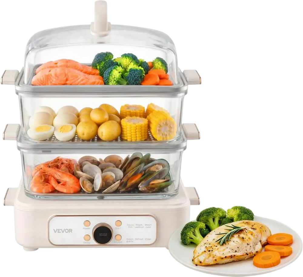 VEVOR Electric Food Steamer 10.6 QT Glass with 3-Tier Stainless Steel Trays, 1200W Vegetable Steamer for Cooking, 2-4 Servings, Pre-Programmed Settings, Delay Start, for Veggies, Seafood & Rice, White