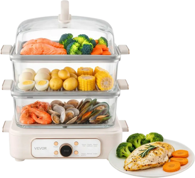 Vevor Electric Food Steamer 10.6 QT 3-Tier Glass Vegetable Steamer White New