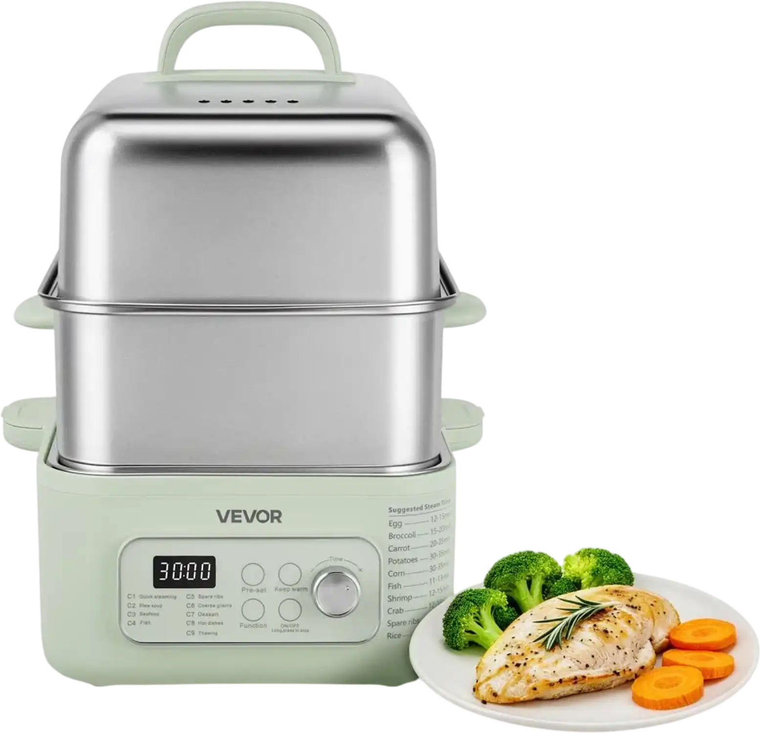 Vevor Electric Food Steamer 13.7 QT 2-Tier Stainless Steel 1500W Green New