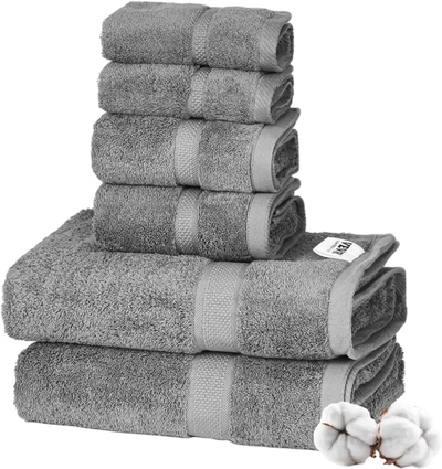 VEVOR 6-Piece Towel Set, 600 GSM 100% Cotton Towels for Bathroom, 2 Bath Towels, 2 Hand Towels and 2 Washcloths, Highly Absorbent & Quick Drying Bathroom Towels for Bathroom, Gym, Hotel, and Spa