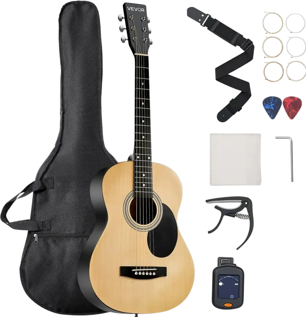 VEVOR Dreadnought Acoustic Guitar, 36 in, 6-String Natural Solid Top Guitar, Portable Bundle with Gig Bag, Tuner, Strap, Steel Strings, Picks, Capo, Rosewood Fingerboard, for Beginner Teen Small Hands