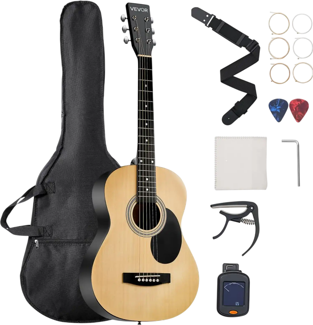 VEVOR Dreadnought Acoustic Guitar, 39 in, 6-String Natural Solid Spruce Top Guitar, Portable Bundle with Gig Bag, Tuner, Strap, Steel Strings, Picks, Capo, Rosewood Fingerboard, for Beginner Adults