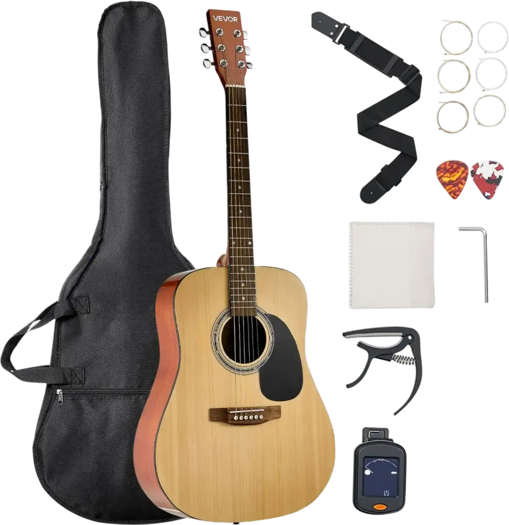 VEVOR Dreadnought Acoustic Guitar, 41 in, 6-String Natural Solid Spruce Top Guitar, Beginner Bundle with Gig Bag, Tuner, Strap, Strings, Picks, Capo, Rosewood Fingerboard, for Adults Taller Players