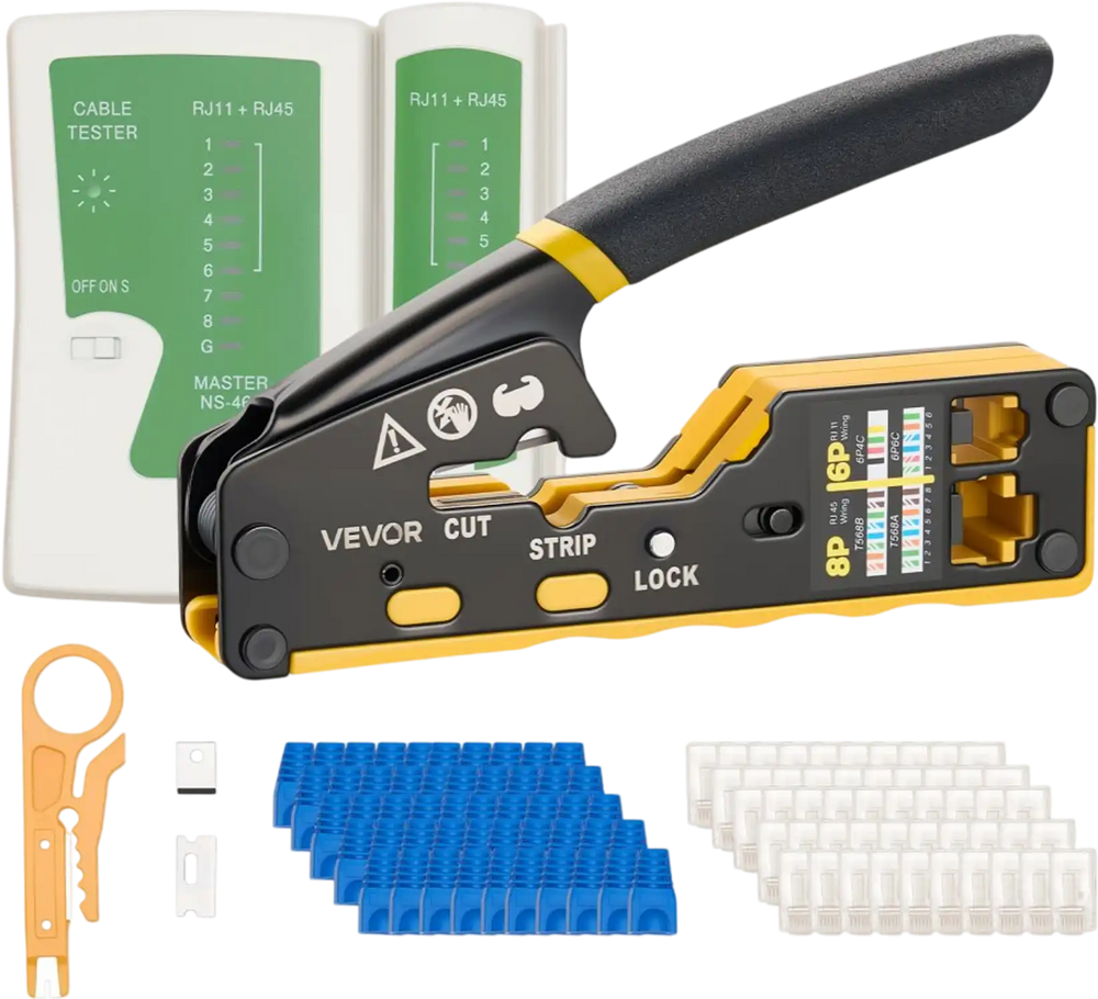 VEVOR Crimping Tool, RJ45/RJ11/RJ12 Ethernet Crimper, Crimp Tool Kit for 4/6/8-Pin Modular Plugs, with Mini Wire Stripper, 50 Connectors and 50 Boots, Replacement Blades, and Network Cable Tester