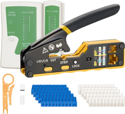 VEVOR Crimping Tool, RJ45/RJ11/RJ12 Ethernet Crimper, Crimp Tool Kit for 4/6/8-Pin Modular Plugs, with Mini Wire Stripper, 50 Connectors and 50 Boots, Replacement Blades, and Network Cable Tester