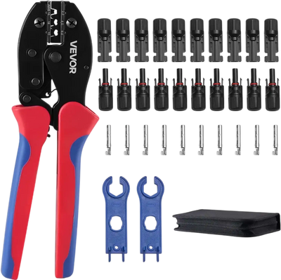 VEVOR Crimping Tool, 14-10 AWG Ratcheting Solar Connector Crimper Tool Kit, Clear Metric & AWG Markings, with 10 Pairs Solar Connectors, 10 Pairs of Cable Connectors, Wrenches, and a Storage Case