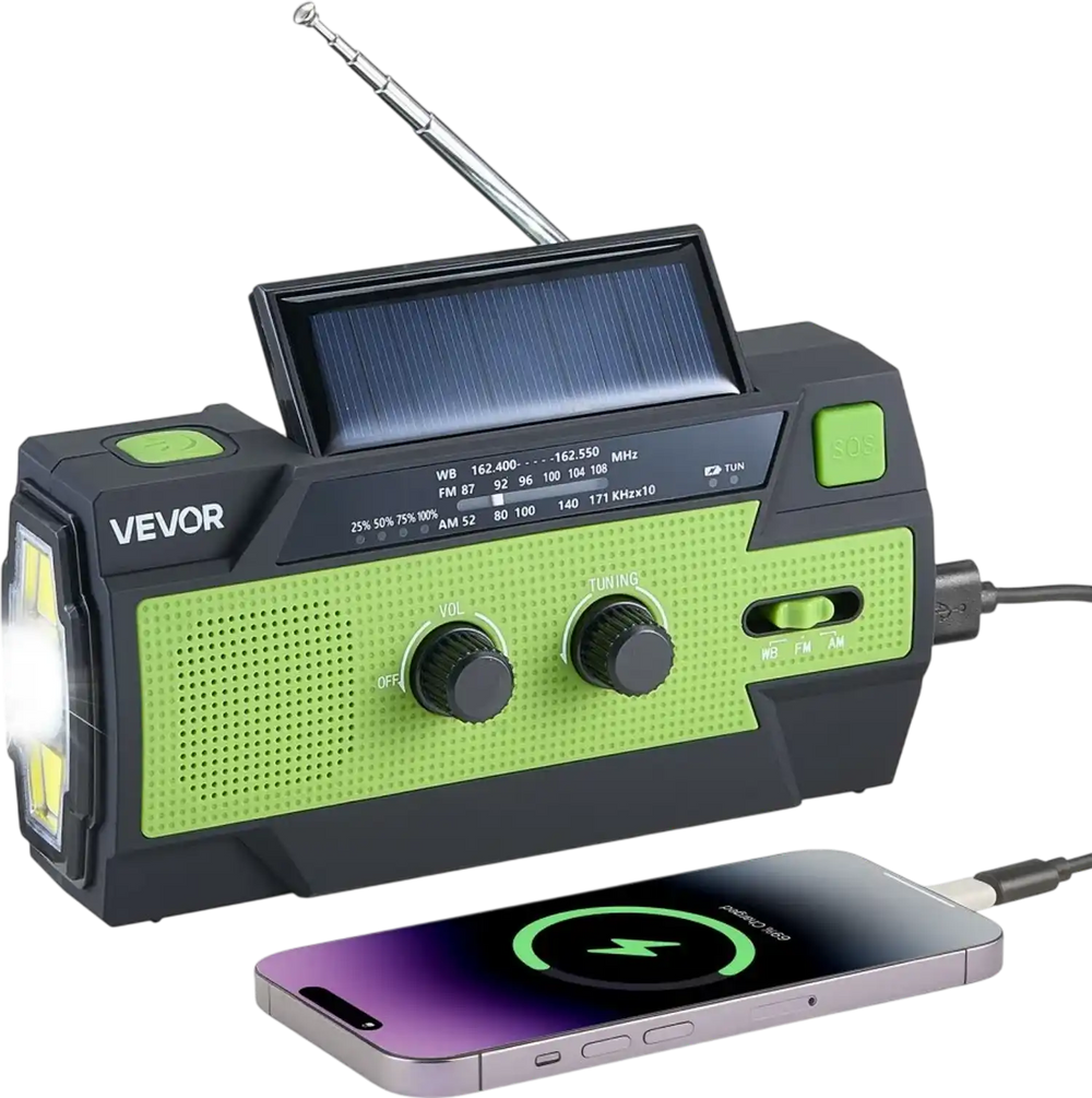 VEVOR Emergency Weather Radio, 4000mAh Battery, FM/AM/WB/NOAA Alert Solar Hand Crank Emergency Radio, with USB Charging Cable, SOS Alarm and Flashlight, Portable for Outdoor Emergencies, Camping