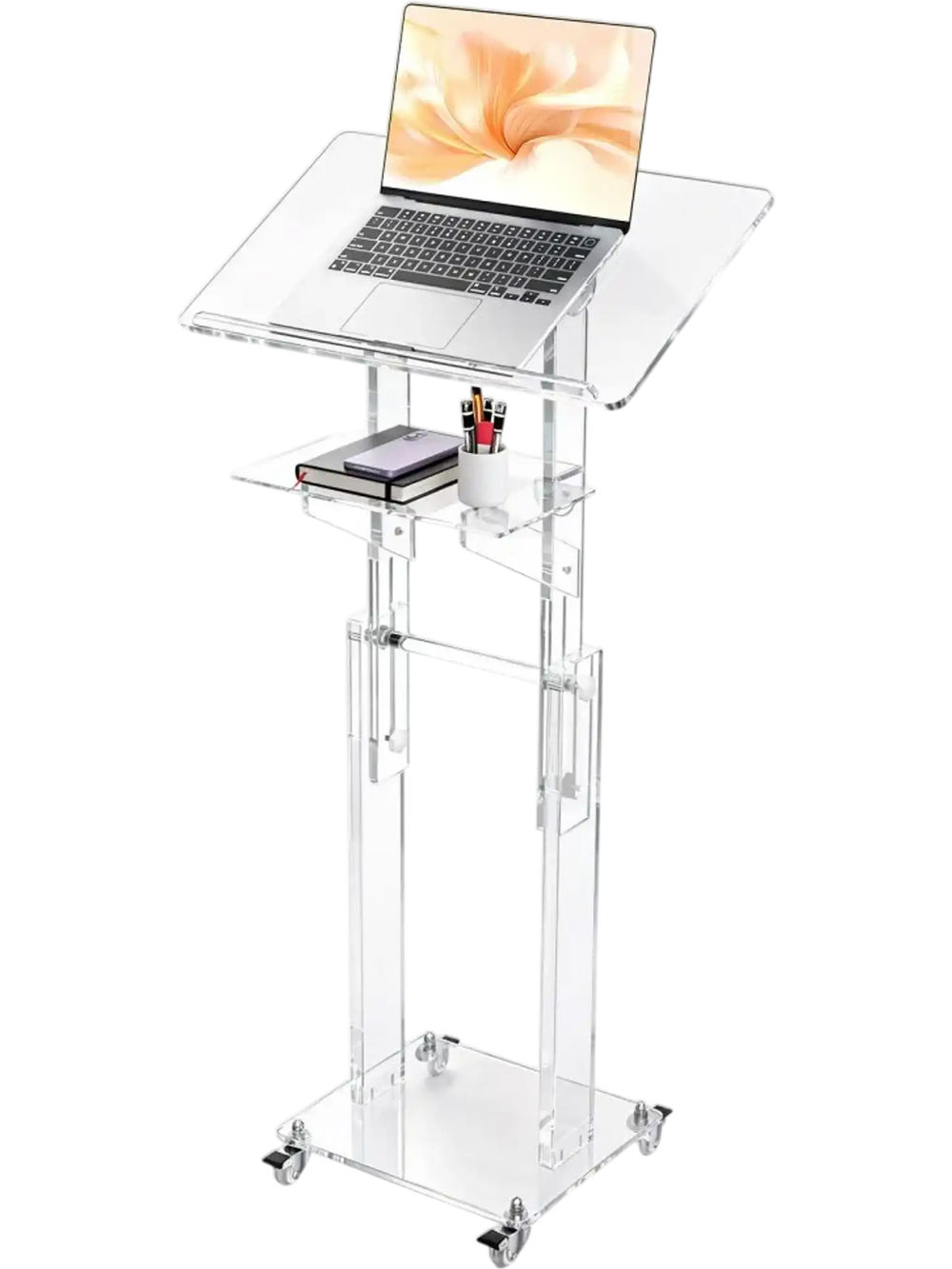 VEVOR Podium Stand, Adjustable Height Acrylic Lectern Mobile Laptop Desk, for Schools, Churches and Events, 43-46 inch, Clear Portable Presentation Lectern Stand with 70-180° Tilt and Storage Shelf