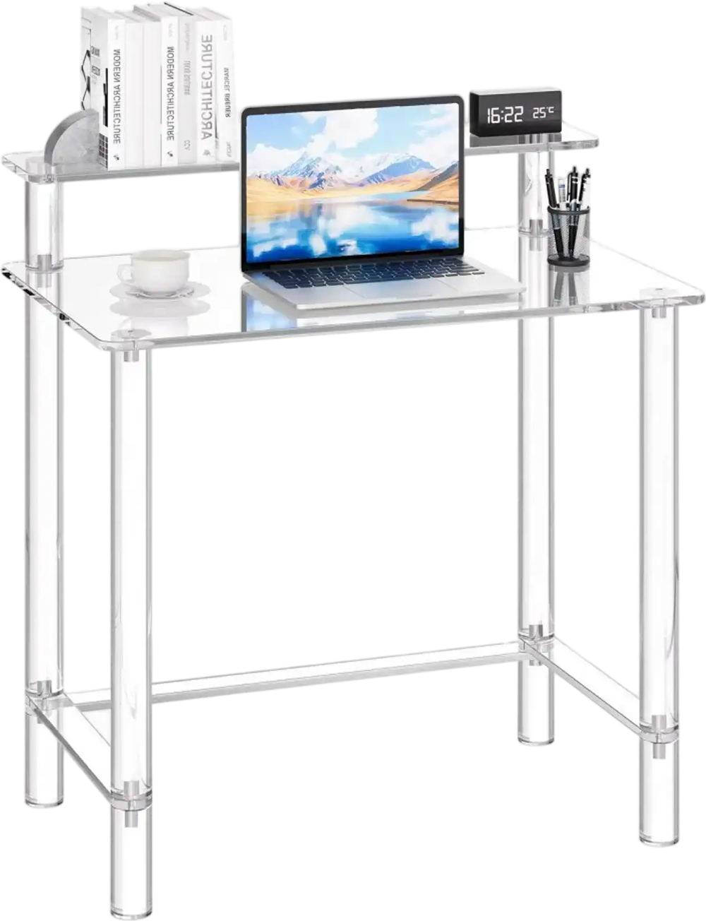 VEVOR Acrylic Table, 2 Tiers Clear Office Desk with Monitor Stand, Acrylic Study Computer Desk, Modern Side End Table Nightstand for Bedroom, Office, Study, Cloakroom, 19.7 x 31.5 x 34.7 in (Clear)