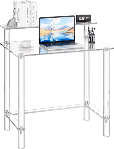 VEVOR Acrylic Table, 2 Tiers Clear Office Desk with Monitor Stand, Acrylic Study Computer Desk, Modern Side End Table Nightstand for Bedroom, Office, Study, Cloakroom, 19.7 x 31.5 x 34.7 in (Clear)