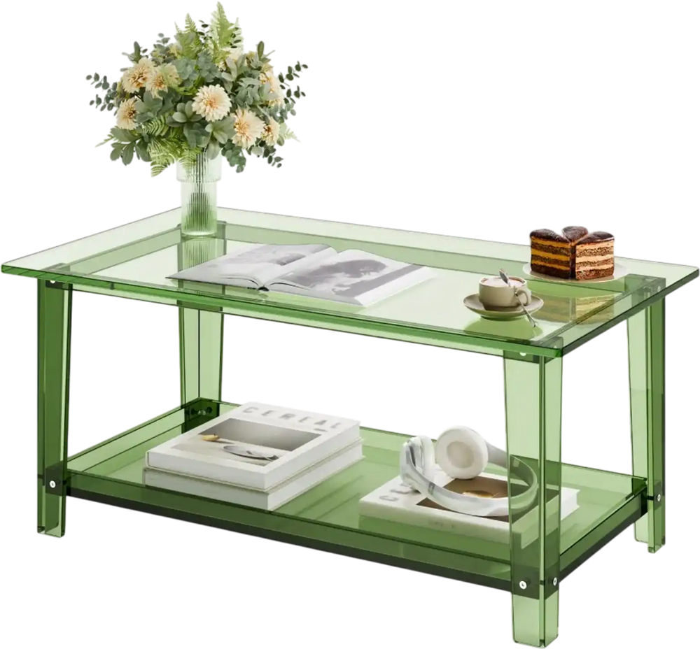 VEVOR Acrylic Coffee Table, 2 Tiers Center Table with Storage Shelf, Modern Rectangle Acrylic Coffee Desk, Ideal for Dining Room, Kitchen Island, Restaurant, Office, 19.7 x 31.5 x 15.7 in (Green)