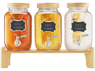 Vevor Beverage Dispenser 3-Pack 1 Gal Glass Drink Dispensers with Wood Stand New