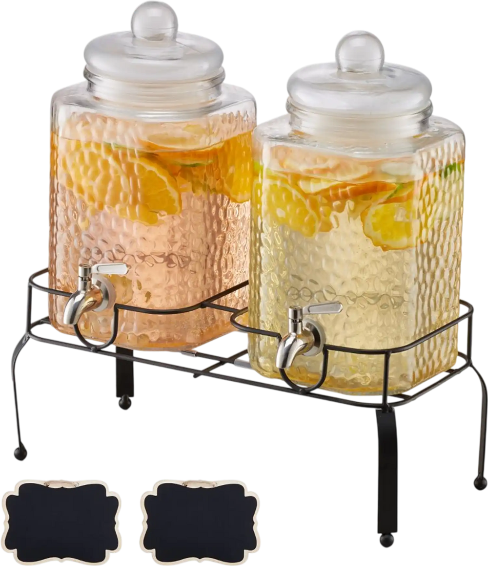VEVOR Beverage Dispenser, 2 Pack 1.5 Gallon Drink Dispensers for Parties, Glass Juice Dispenser with Metal Stand, Stainless Steel Spigot, Iced Tea Lemonade Juice Water Dispensers for Parties