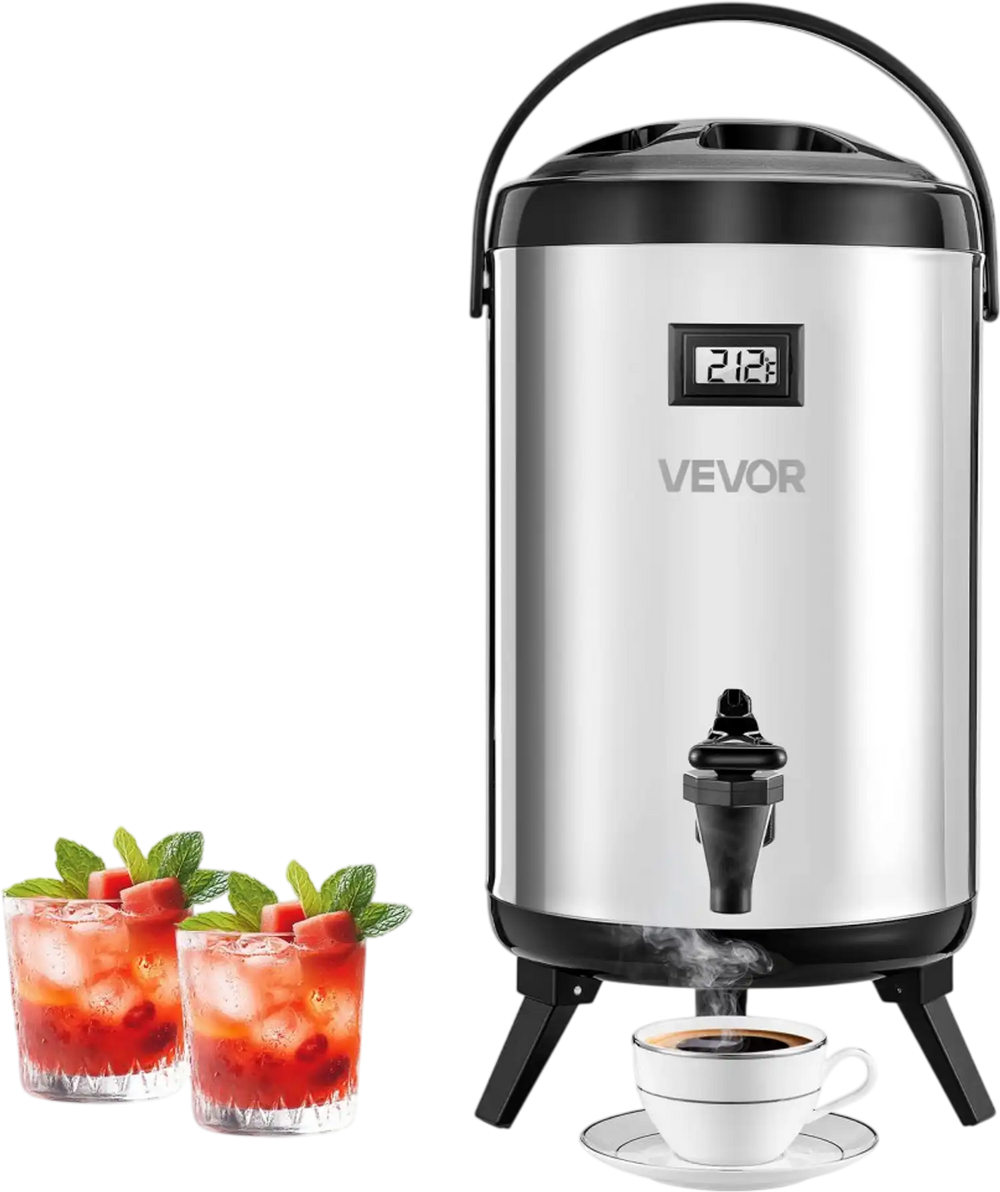 VEVOR Insulated Beverage Dispenser, 2 Gal/7.6L Stainless Steel Thermal Drink Server with Spigot & Temp Display, Suitable for Hot and Cold Drinks, for Tea Coffee Water in Cafes & Restaurants, Silver