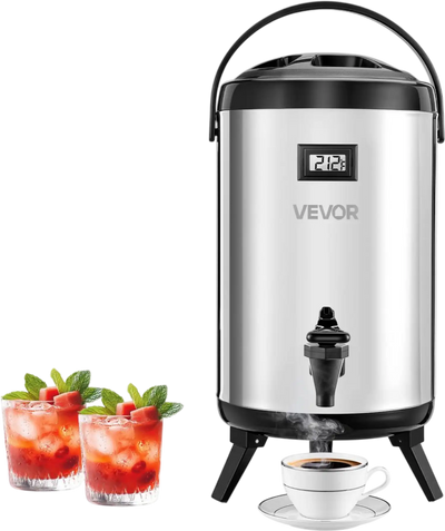 VEVOR Insulated Beverage Dispenser, 2 Gal/7.6L Stainless Steel Thermal Drink Server with Spigot & Temp Display, Suitable for Hot and Cold Drinks, for Tea Coffee Water in Cafes & Restaurants, Silver