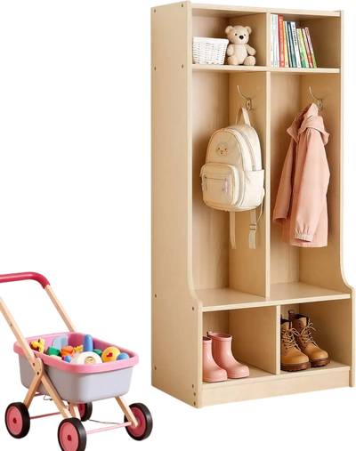 VEVOR 2-Section Kids Coat Locker, Wooden Toddler Cubby Storage Organizer with 4 Hooks & Anti-Tip Kit, Modern Kid Coat Cubbies with 4 Small Open Storage Boxes for Home, Kindergarten, Daycare, Natural