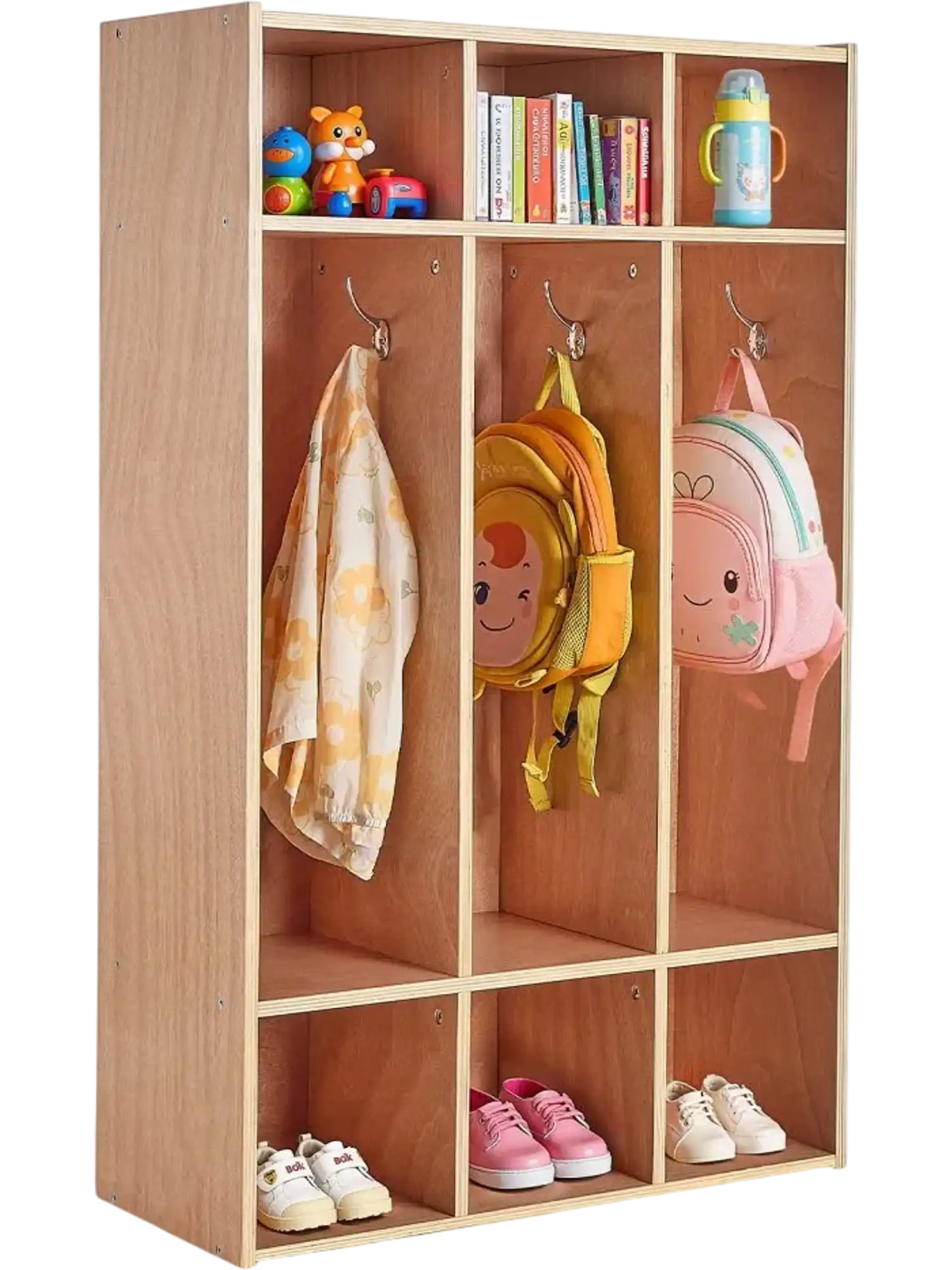 Vevor Coat Locker 3-Section Wooden Toddler Cubby Storage Organizer with 6 Hooks Natural New