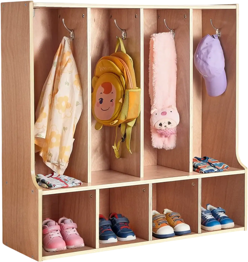 VEVOR 4-Section Kids Coat Locker, Wooden Toddler Cubby Storage Organizer with 8 Hooks & Non-Slip Mat, Modern Kid Coat Cubbies with 4 Small Open Storage Boxes for Home, Kindergarten, Daycare, Natural
