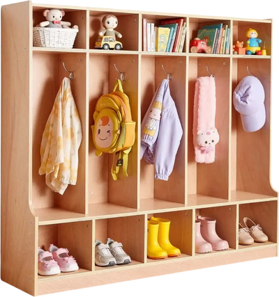 VEVOR 5-Section Kids Coat Locker, Wooden Toddler Cubby Storage Organizer with 10 Hooks & Non-Slip Mat, Modern Kid Coat Cubbies with 10 Small Open Storage Boxes for Home, Kindergarten, Daycare, Natural