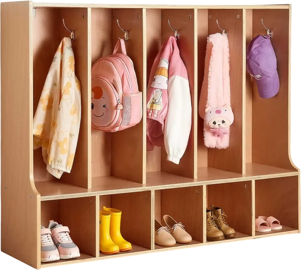 VEVOR 5-Section Kids Coat Locker, Wooden Toddler Cubby Storage Organizer with 10 Hooks & Non-Slip Mat, Modern Kid Coat Cubbies with 5 Small Open Storage Boxes for Home, Kindergarten, Daycare, Natural
