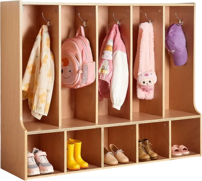 Vevor Coat Locker 5-Section Kids Wooden Cubby Storage Organizer Natural New
