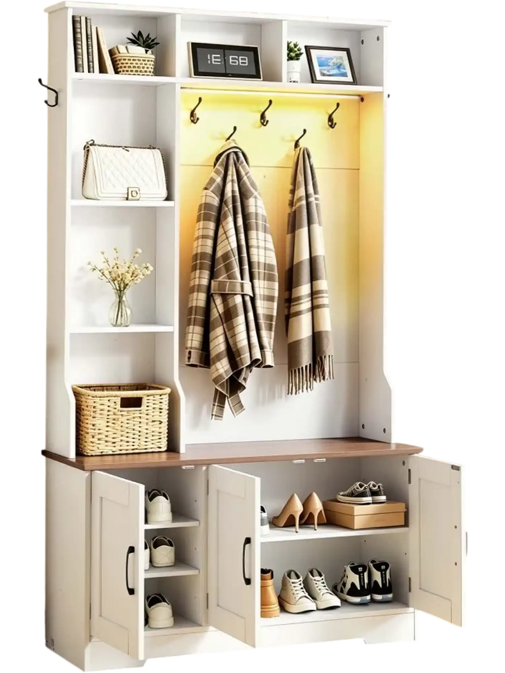 VEVOR Hall Tree with Bench and Shoe Storage, 39" Wide, Entryway Hall Tree with Bench, Hanging Hooks, Storage Shelves, Adjustable Shoe Shelves, LED Light, Wooden, for Mudroom, Entryway, Hallway, White