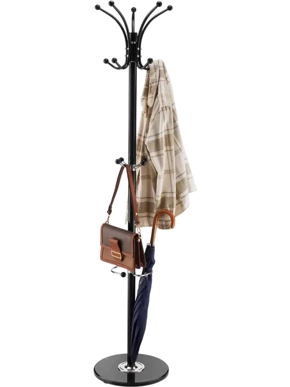 VEVOR Freestanding Coat Rack, Metal Coats Rack Stand with Umbrella Holder, Stable Marble Base & 14 Hooks, Hall Coat Tree for Entryway, Bedroom, Living Room, Stylish Coats Hanger for Hats, Scarves, Bag