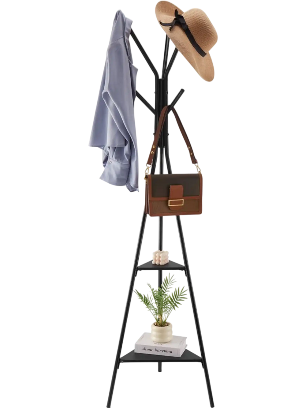 VEVOR Coat Rack, Freestanding Coats Rack Stand with 2 Shelves & 6 Hooks, Free Standing Hall Coat Tree for Entryway, Bedroom, Living Room, Modern Clothes Hanger Stand for Coats, Hats, Scarves, Handbags