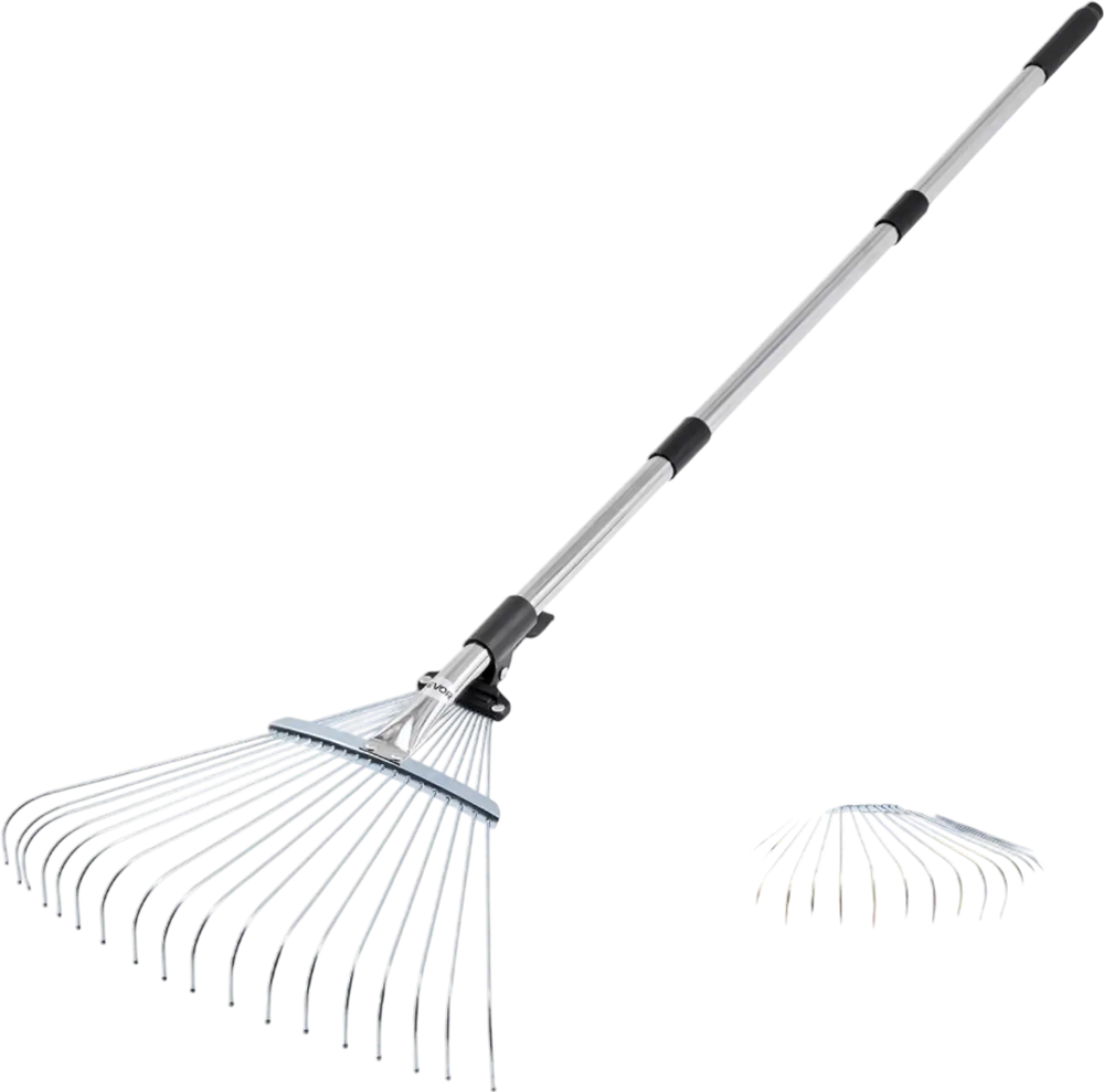 VEVOR Leaf Rake, 18 Metal Tines, Adjustable Garden Rake for Lawns with 7.7-17.1 Inch Head & 32.3-55.6 Inch Long Handle, Heavy Duty Stainless Steel Small Leaves Tool for Gardening Camping Yard Grass