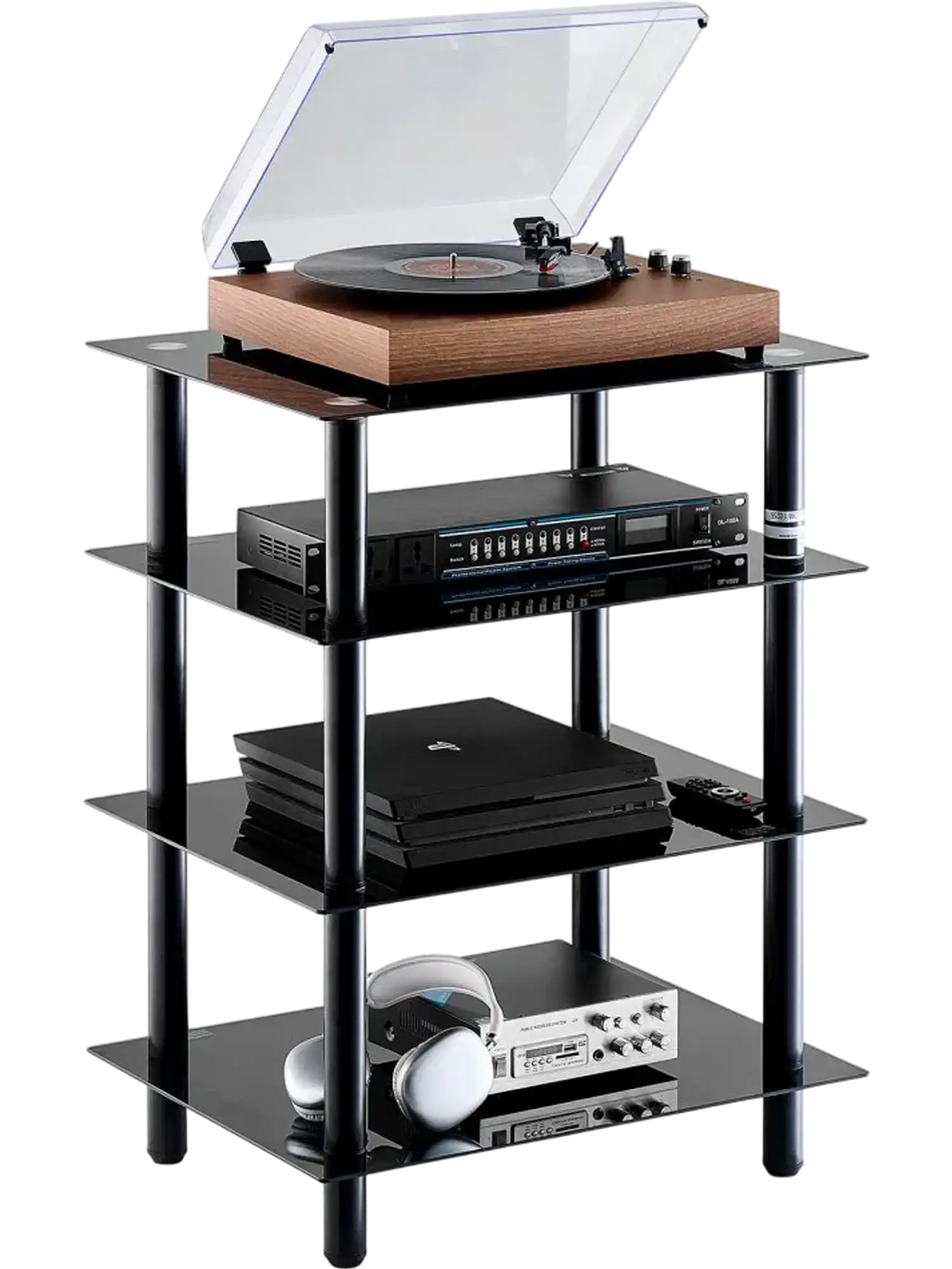 VEVOR 4-Tier AV Media Stand, Audio/Video Stand with Strengthened Tempered Glass Shevles for DVD/Cable Boxes/Games Consoles, Media Storage Cabinet for Gaming/Recording Room
