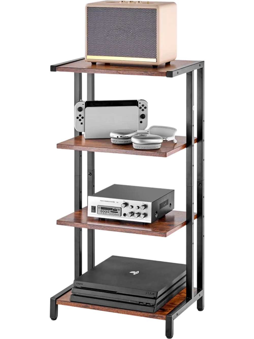 VEVOR 4-Tier AV Media Stand, Corner TV Stand, Height Adjustable Wooden Shelves for DVD Players/Cable Boxes/Games Consoles, Brown