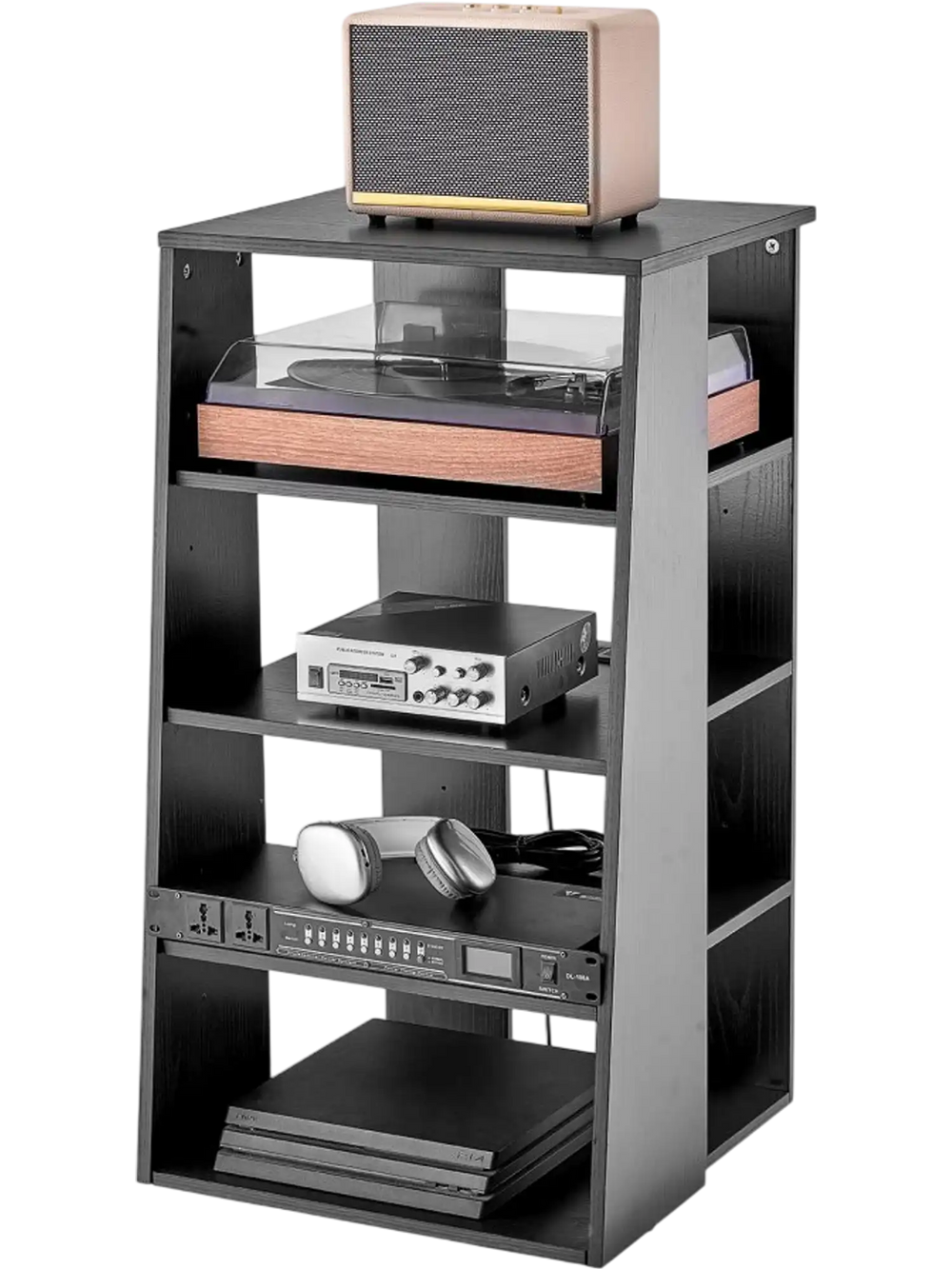 VEVOR 5-Tier AV Media Stand, Wooden Audio-Video Media Stand for DVD Players/Cable Boxes/Games Consoles, Height-Adjustable Media Storage Cabinet for Gaming, Recording Room, Black