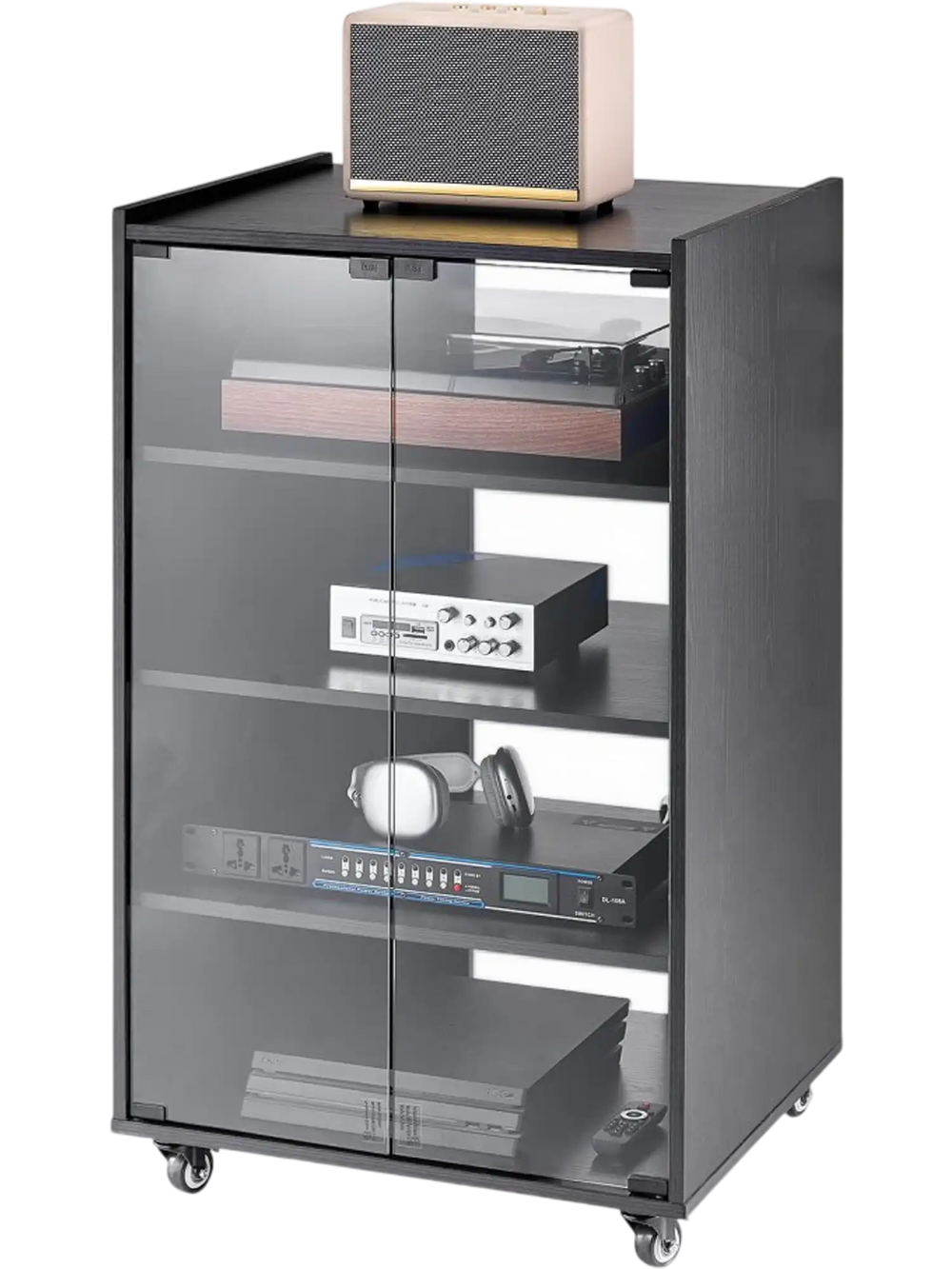 VEVOR 5-Tier AV Media Stand with Wheels, Wooden Audio-Video Media Stand for DVD Players/Cable Boxes/Games Consoles, Height-Adjustable Media Storage Cabinet for Gaming, Recording Room, Black