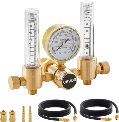 VEVOR Dual Output Argon Regulator, Argon Flow Meter Gas Regulator Gauge for TIG/MIG Welding - with 2PCS 6.6FT Rubber Hoses, 0-60 SCFH, 0-4500 PSI Inlet Pressure, CGA580 Inlet Connection