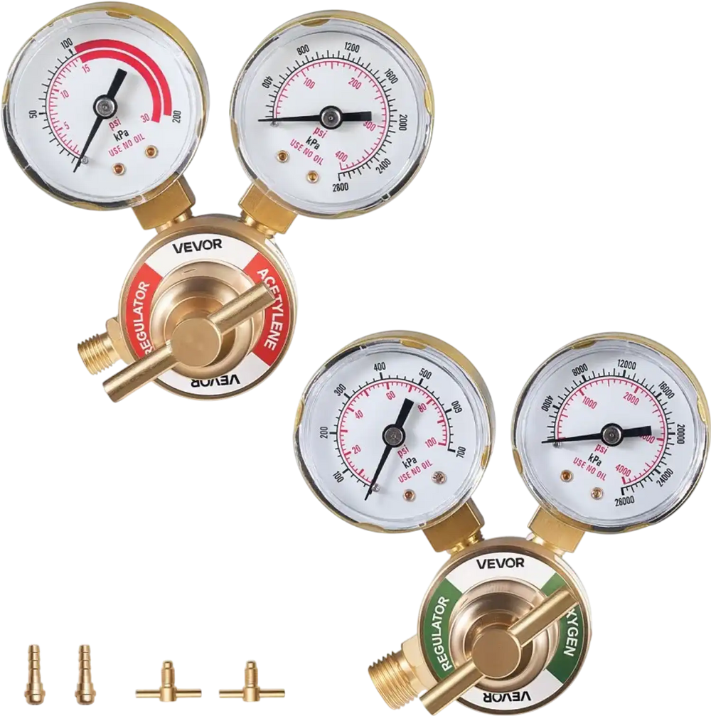 VEVOR Oxygen Acetylene Regulator Set, Oxy-Acetylene Regulators, 0-4000PSI and 0-400PSI Welding Gas Gauges with CGA-540/CGA-200 Inlet Connection & 9/16"-18 Outlet Connection, T-Handle Adjustment