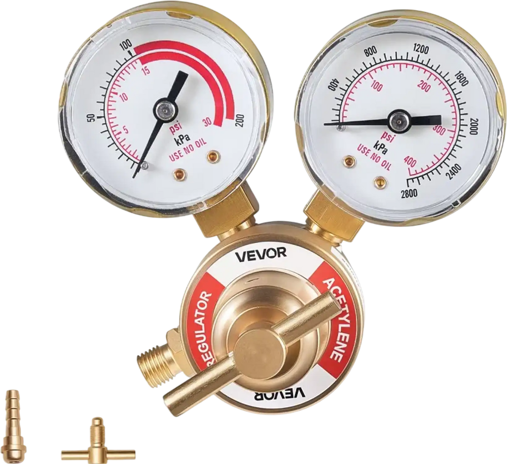 VEVOR Acetylene Regulator, Precise Acetylene Regulator, 0-400PSI Welding Gas Gauge with CGA-200 Inlet Connection & 9/16"-18 LH Outlet Connection, T-Handle Adjustment