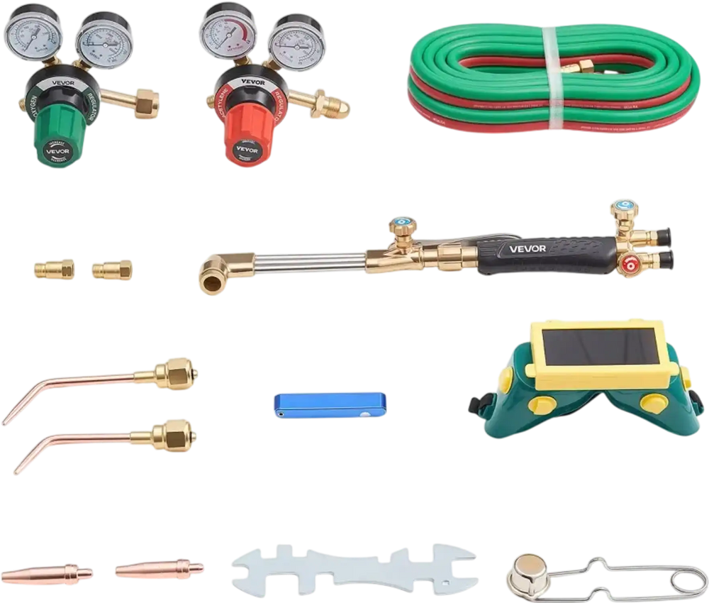 VEVOR Oxygen Acetylene Torch Kit with Check Valves, Gas Welding Cutting Torch Kit, Heavy Duty Professional Oxy Acetylene Brazing Set with 15FT Twin-Hose, 2 Cutting Tips, Welding Tips & Gas Regulators