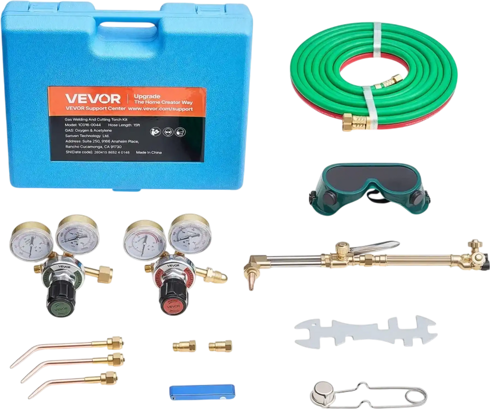 VEVOR Oxygen Acetylene Torch Kit with Check Valves, Gas Welding Cutting Torch Kit, Portable Oxy Acetylene Brazing Set with 15FT Twin-Hose, 1 Cutting Tip, 3 Welding Tips, 2 Gas Regulators & Toolbox
