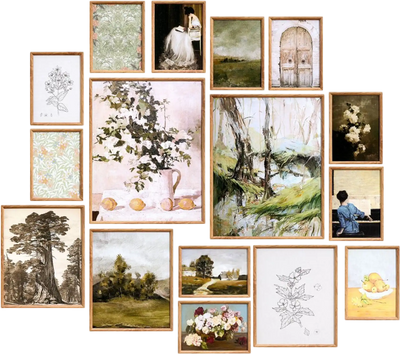 VEVOR 16 PCS Framed Wall Art Prints, Vintage Eclectic Art Decor, Gallery Wall Prints with 3 Sizes for Flexible Combinations, High Gloss & Low-Solubility Canvas, for Living Room, Bedroom, Bathroom