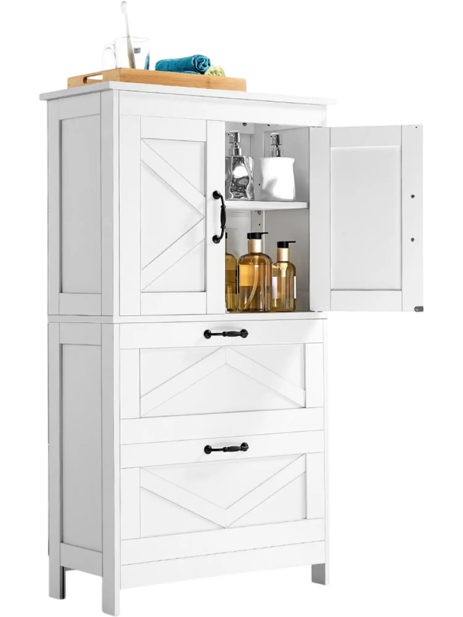 Vevor Bathroom Floor Cabinet 4-Tier Wooden Storage Organizer with 2 Doors, 2 Drawers & Adjustable Shelf White New