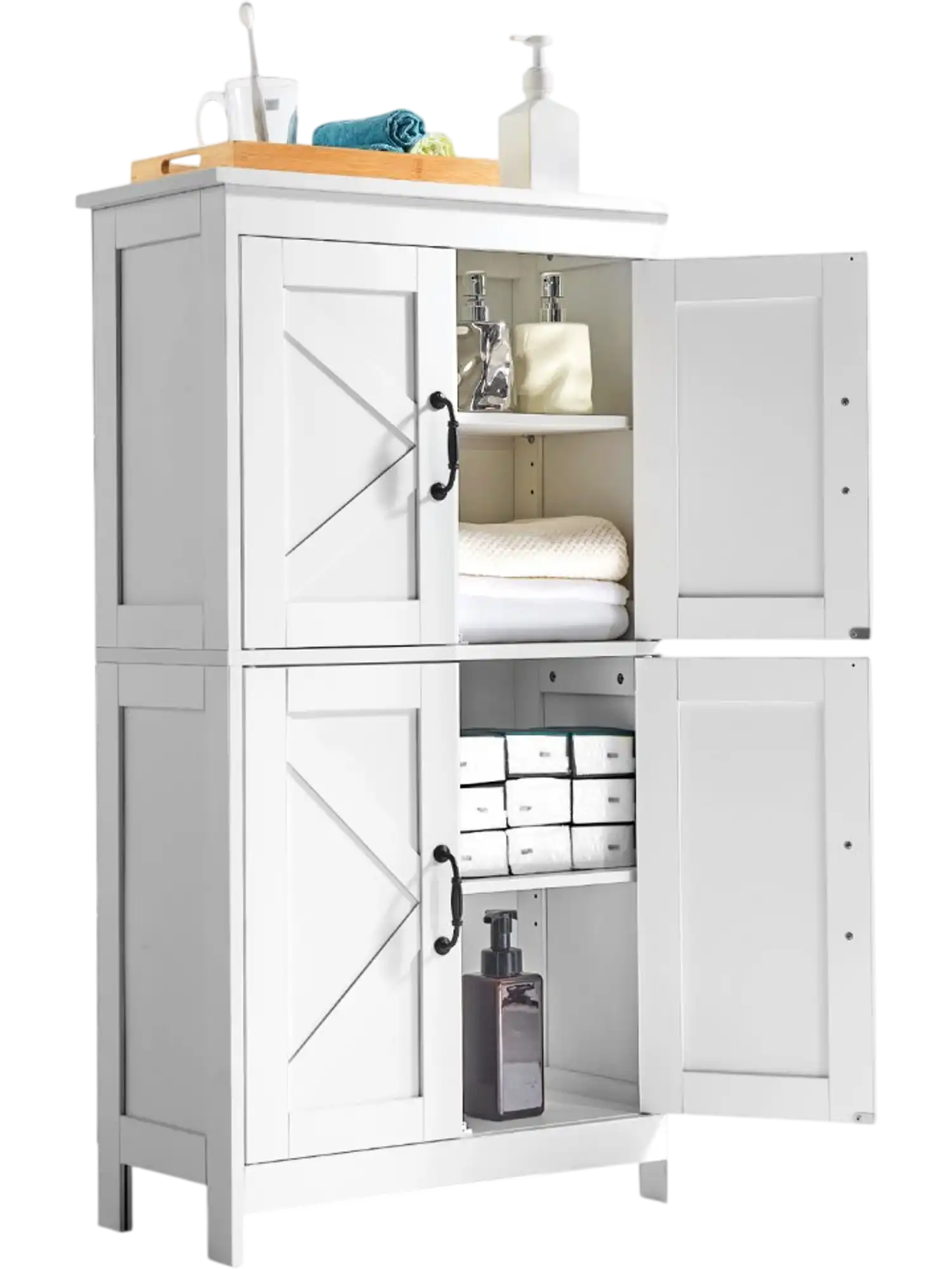 Vevor Bathroom Floor Cabinet 4-Tier Wooden Storage Organizer with 4 Doors and Adjustable Shelf White New