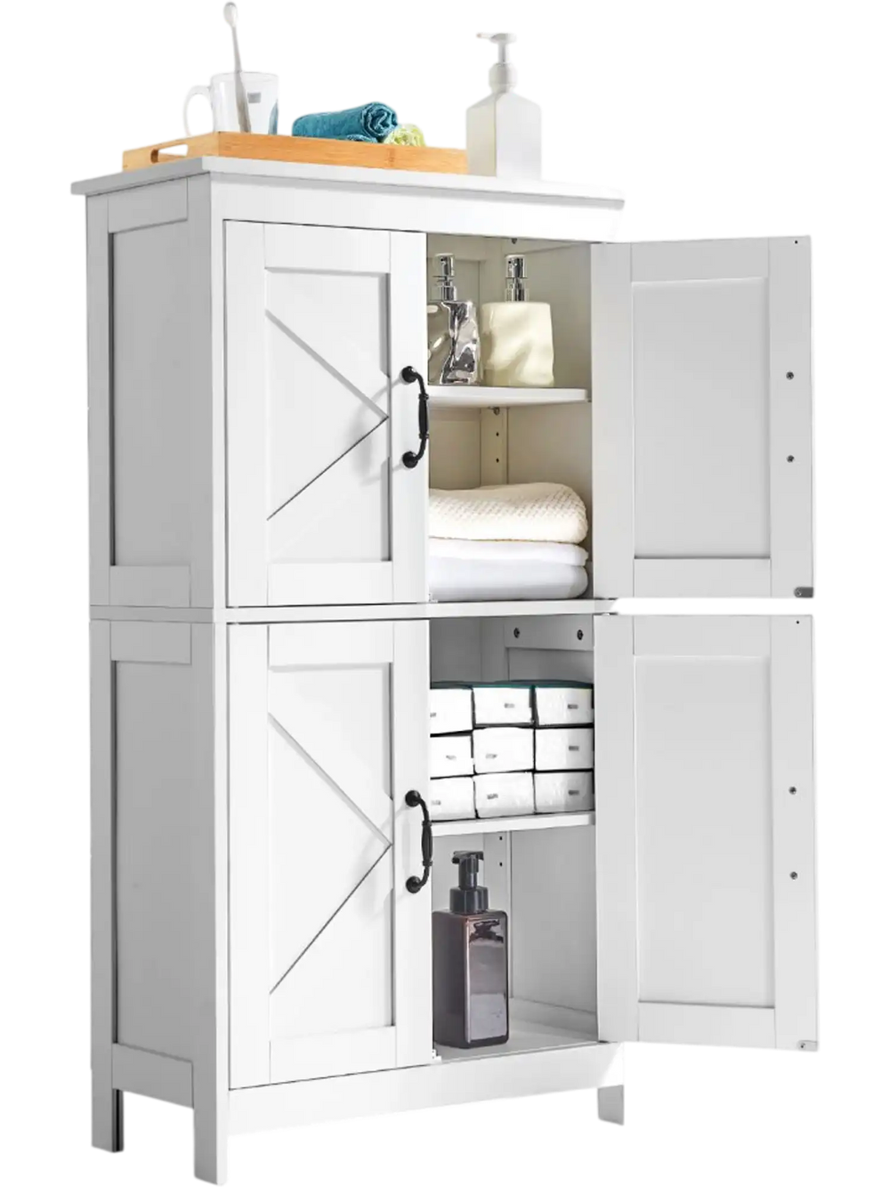 VEVOR Bathroom Floor Cabinet, 4-Tier, Wooden Storage Organizer with 4 Doors and Adjustable Shelf, Modern Bathroom Furniture Home Decor Freestanding Cupboard for Kitchen/Living Room/Entryway Use, White