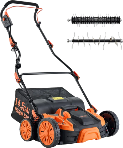 VEVOR 2-in-1 Electric Dethatcher and Scarifier, 16-Inch 15 Amp, Corded Lawn Dethatcher with 14.5-Gallon Thatch Collection Bag, 5-Position Depth Adjustment, Walk Behind Machine for Garden Yard Grass