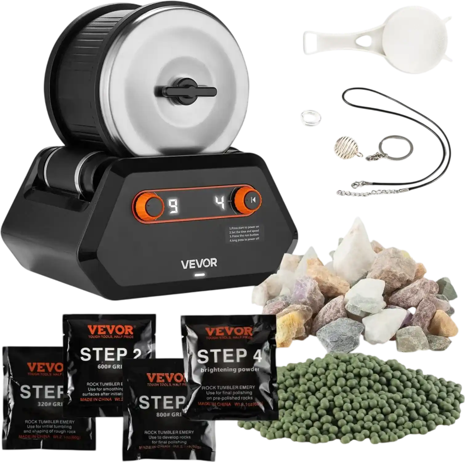 Vevor Rock Tumbler Kit 3 lbs 4-Speed 9-Day Timer Gemstone Polishing Kit New