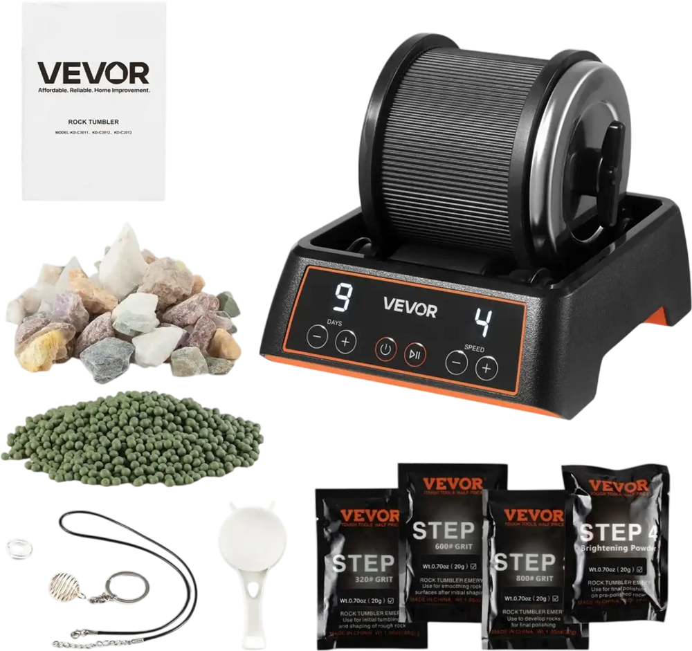 VEVOR Rock Tumbler Kit 1 lb Rock Polishing Machine Rocks Tumbling Kit, for Rose Quartz, Amethyst, 1-9 Day Timer, with 4-Speed Adjustment, Direct Drive Motor Rocks Polishing Kit, Quiet Operation