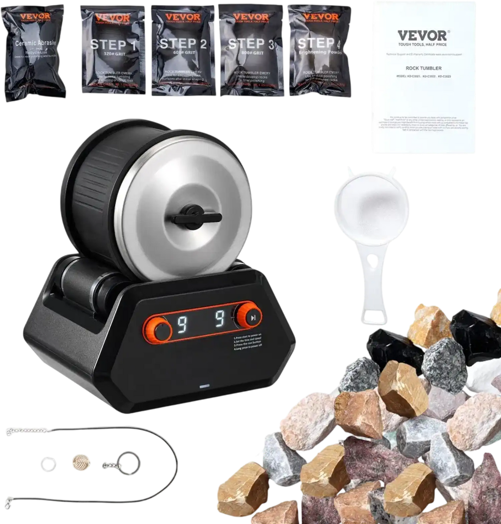 VEVOR Rock Tumbler Kit, 4 lbs Rock Polishing Kit, 9 Speed Settings 9-Day Polishing Timer Stone Polishing Kit, Rock Polisher with Rough Gemstones and Polishing Grits, Rock Polisher for Kids Adults