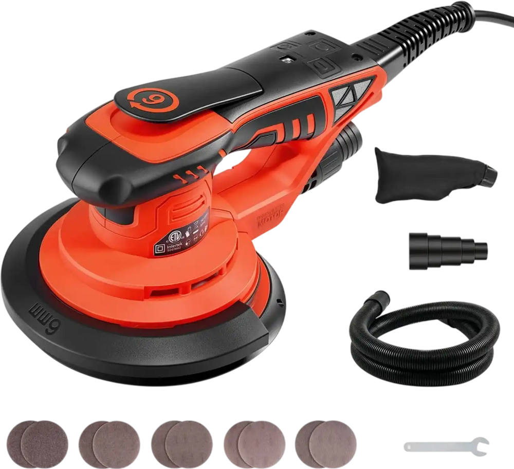 VEVOR 6-Inch Random Orbital Sander 400W Brushless Orbital Sander, 4000-10000RPM 7 Speeds Electric Palm Sanders with 10PCS Sandpapers, Dust Bag & Vacuum Hose for Woodworking Detailing Sanding
