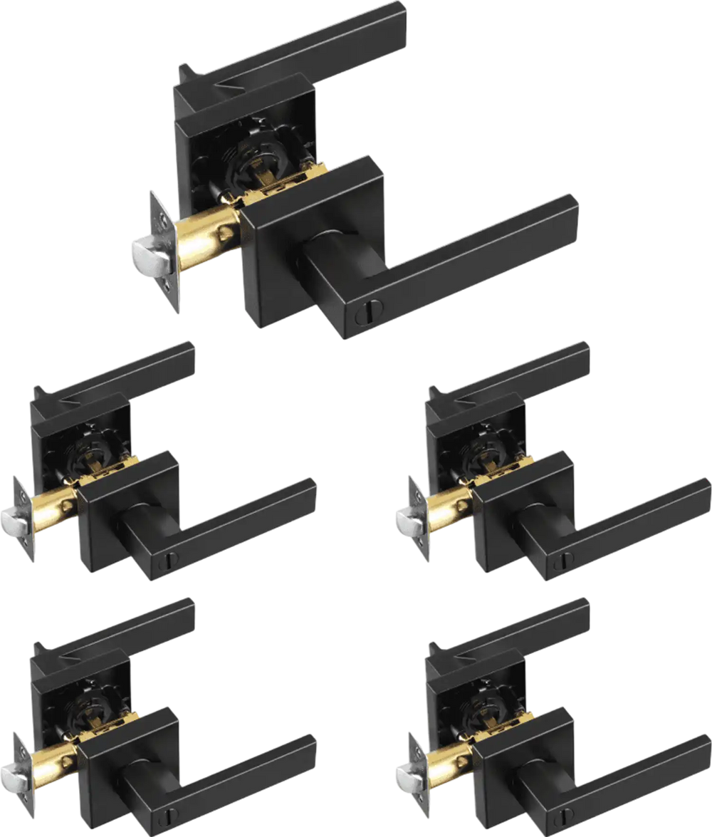 VEVOR Privacy Door Handle, 5-Pack Matte Black Door Lever, Right or Left Handing Reversible Lever with Keyless Lock, 45° Rotation to Open, Universal Square Interior for Bathroom and Bedroom Doors